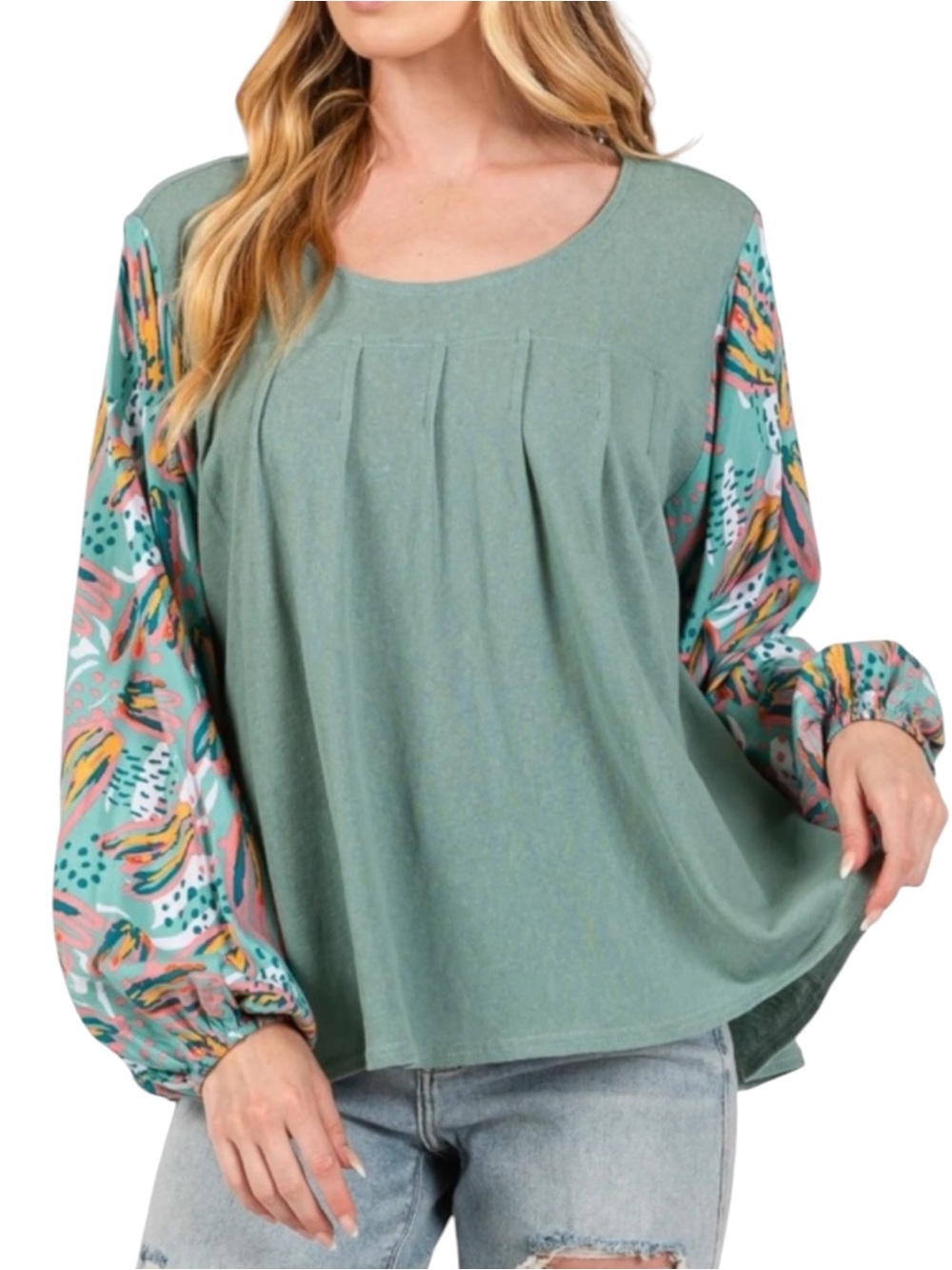 NWT Sage + Fig Pleated Front Balloon Sleeve Boho Top Sage Green M - Picture 5 of 9